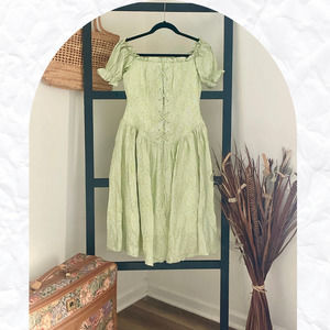 NWT Large Women's Green Floral Ruffle Off Shoulder Midi Cottagecore Dress